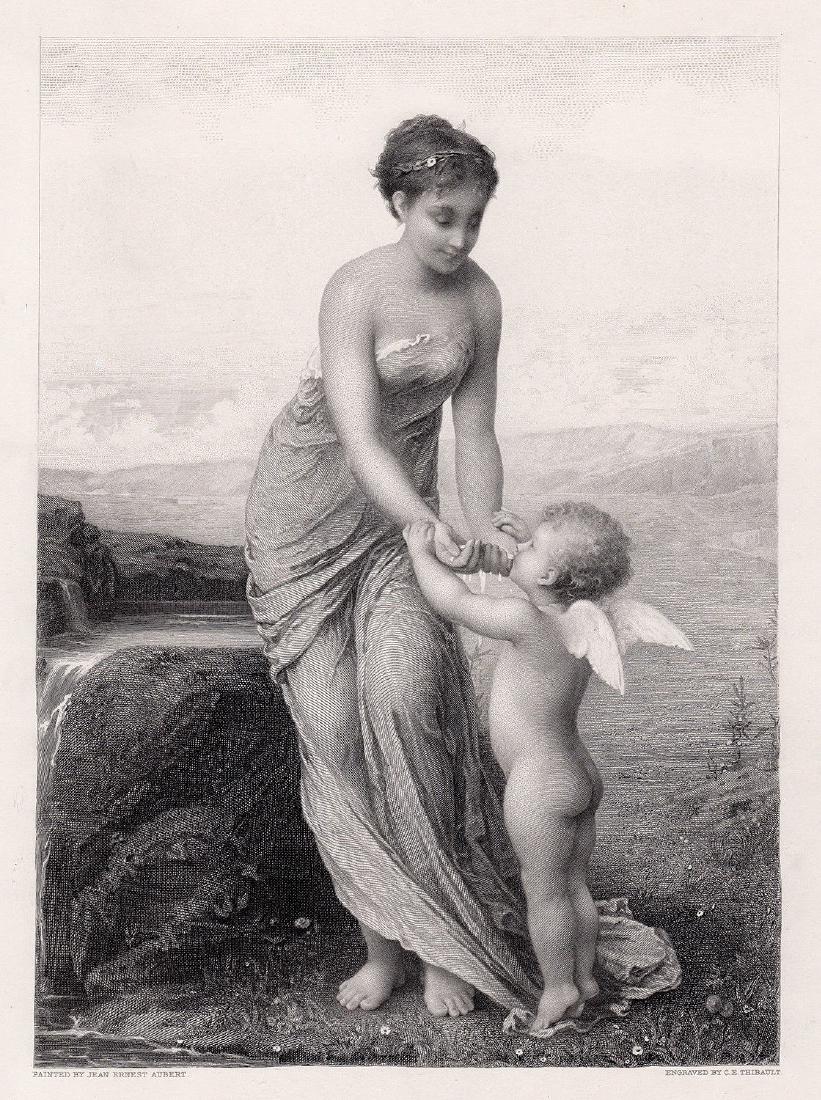 1884 Jean Aubert At the Fountain Engraving signed: Jean-Ernest Aubert (or Ernest-Jean Aubert) (French, 1824 - 1906). At the Fountain. Antique steel engraving on wove paper after the original by master engraver C.E. Thibault. 1884. Signed in the plate.