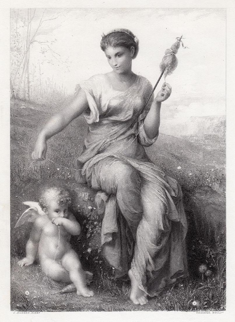 1878 Jean Aubert Broken Thread Engraving signed: Jean-Ernest Aubert (or Ernest-Jean Aubert) (French, 1824 - 1906). The Broken Thread. Antique steel engraving on wove paper after the original by master engraver C.E. Thibault. 1878. Signed in the plat
