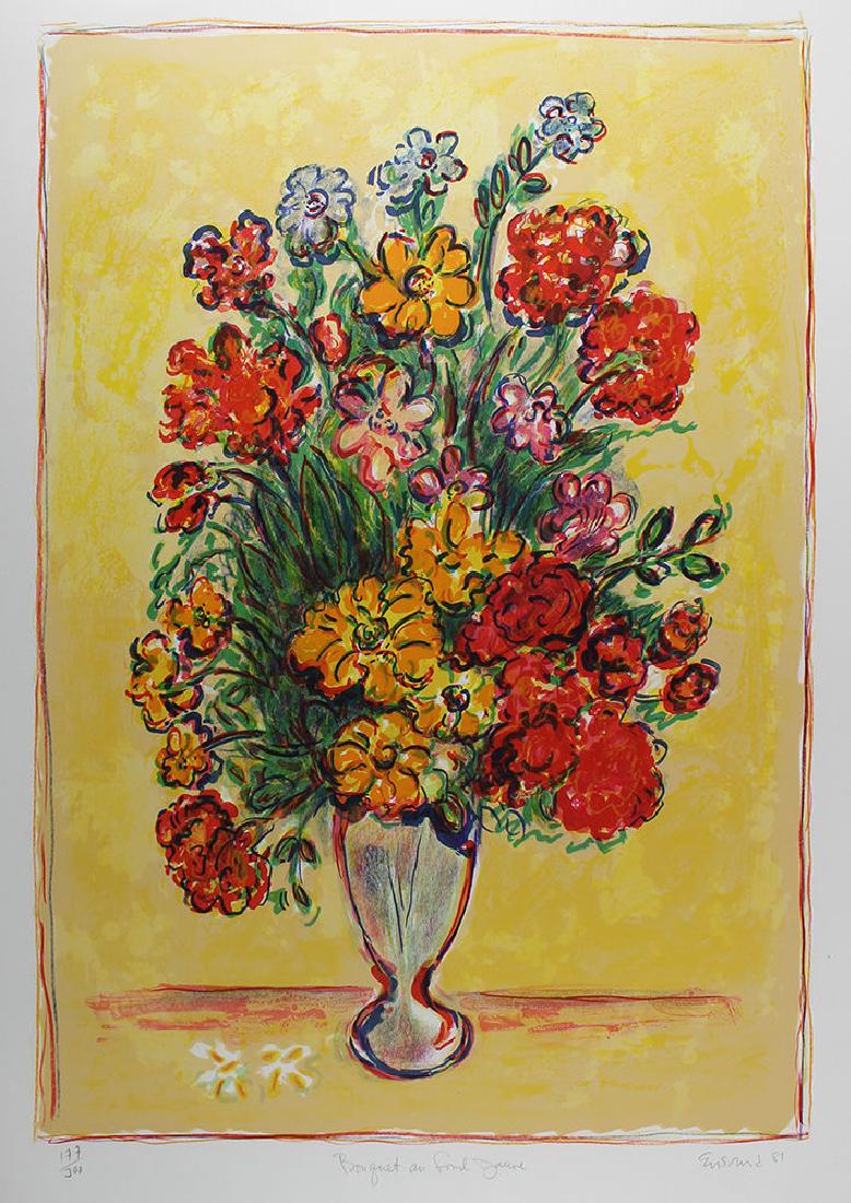 Wayne Ensrud Bouquet Fond Jaune lithograph signed: Wayne Ensrud. (1934-). Bouquet Fond Jaune. Original Color Lithograph. C.1980. Hand Signed and Numbered by the Artist. Excellent. Image Size 22 x 30 inches. This artwork is accompanied by a Gallery Cer