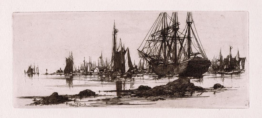 1882 Stephen Parrish In Port etching signed: Stephen Parrish. (American, 1846-1938). In Port. Original Etching on laid paper. 1882. Signed in the plate lower right. Excellent. Image size 3 7/8 x 9 1/2 inches. Approximately 12 x 18 inches. This p