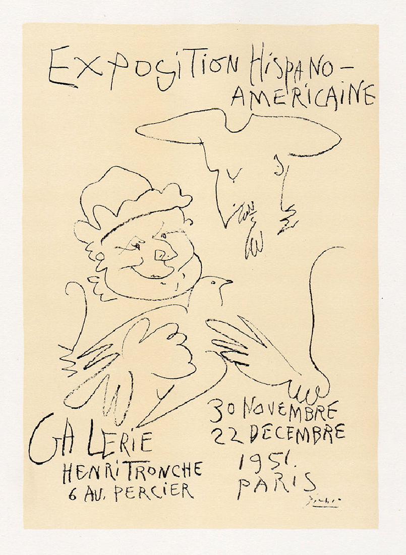 Pablo Picasso 1959 lithograph Exposition: Pablo Picasso. (1881-1973). Exposition Hispano-Americaine. Color Lithograph after the Original Poster. 1959. Signed in the plate. Excellent. Sauret. Atelier Mourlot. Image Size 6 3/8 x 8 7/8 inches. A
