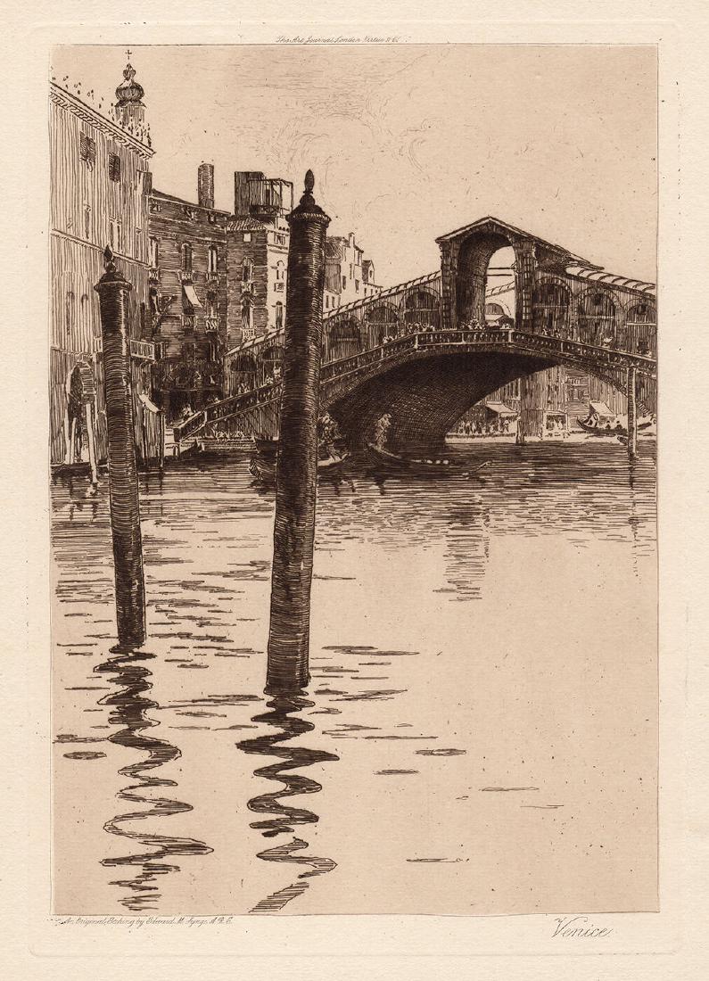 Edward Synge Venice Signed 1908 etching: Edward Millington Synge. (Irish, 1860-1913). Signed and Titled in the plate. Original etching on thick wove paper. 1908 Signature/. Image Size 7 1/2 x 10 1/2 inches. Approximately 17 x 20 inches. This