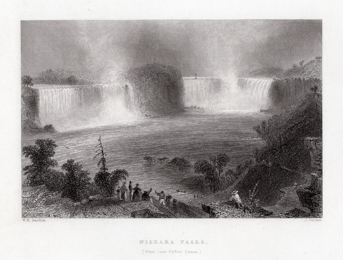 William Henry Bartlett Niagara Falls 1838 engraving: William Henry Bartlett. (British, 1809-1854). Niagara Falls (from near Clifton House). Antique engraving on wove paper after the original by master engraver John Cousen (London, 1804-1880). 1838. Sign