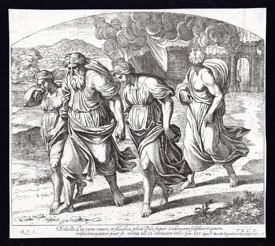 Raphael 1649 Engraving Vatican Sodom and Gomorrah: Raphael (Italian, 1483-1520). Lot flees Sodom and Gomorrah. Antique 1649 engraving on laid paper after the original from the series of etchings Biblical Scenes, after the frescoes by Raphael in the Va