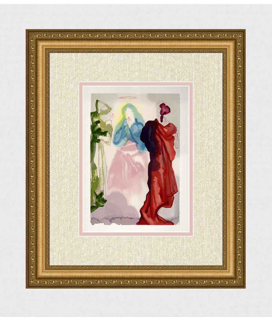1960 Salvador Dali St Bernard Original Woodcut: Salvador Dali. (1904-1989). "Saint Bernard's Prayer" Paradise Canto 33. Authentic Original Color Woodcut from The Divine Comedy Printed in 1960 on B.F.K. Rives Paper ( this is not a reproduction, copy