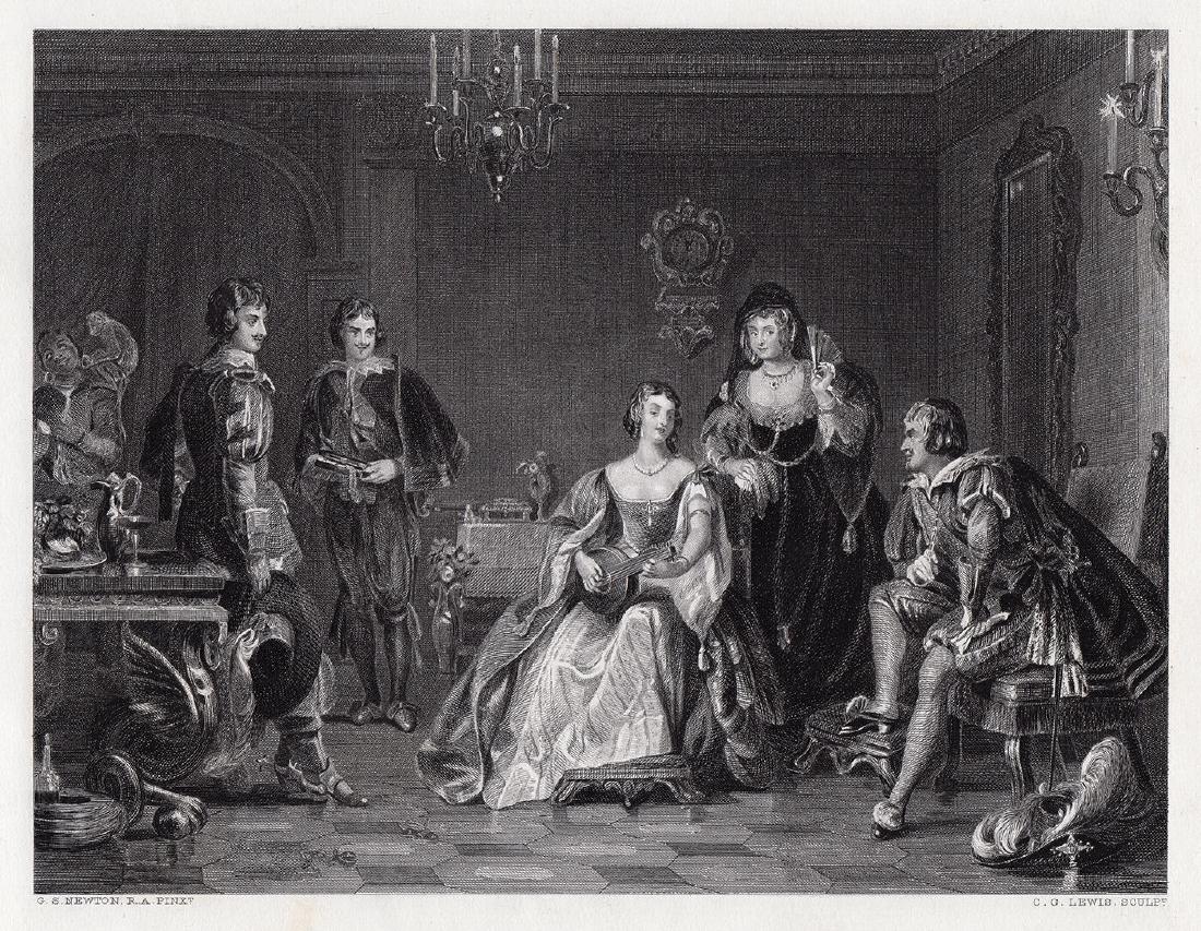 1878 Gilbert Stuart Newton Prince of Spain's Visit to: Gilbert Stuart Newton. (British, 1795 - 1835). The Prince of Spain's Visit to Catalina. Antique steel engraving on wove paper after the original by master engraver Charles George Lewis (English, 1808-