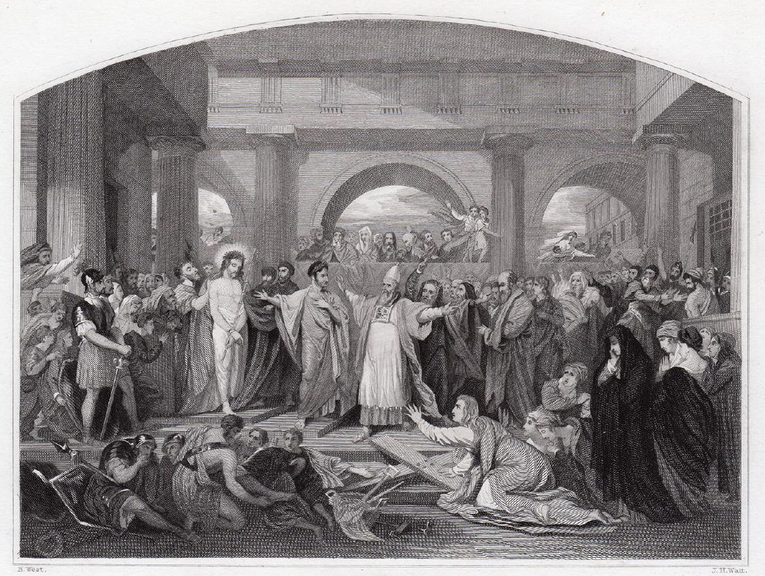 Benjamin West Christ Rejected Engraving signed: Benjamin West. (1738 - 1820). Christ Rejected. Antique Steel Engraving on wove paper after the original oil on canvas by master engraver James Henry Watt (British, 1799-1867). 1834. Signed in the plat