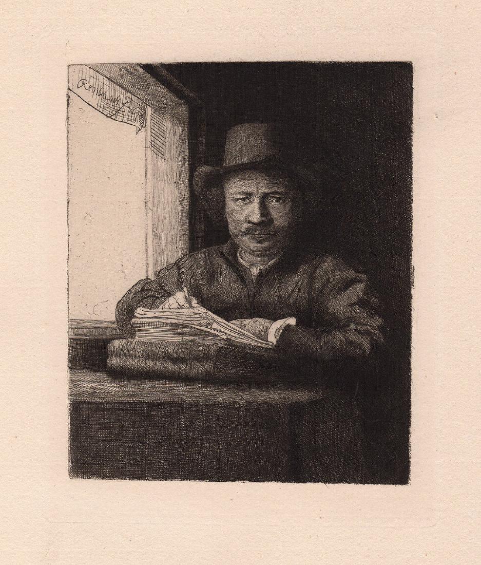 Rembrandt Self Portrait Drawing at a Window Etching: After Rembrandt Harmenszoon Van Rijn (1606-1669). Self Portrait Drawing at a Window. Approximately 15 1/8 x 16 1/4 inches. Hand pulled copper plate etching on laid paper after the original by a master