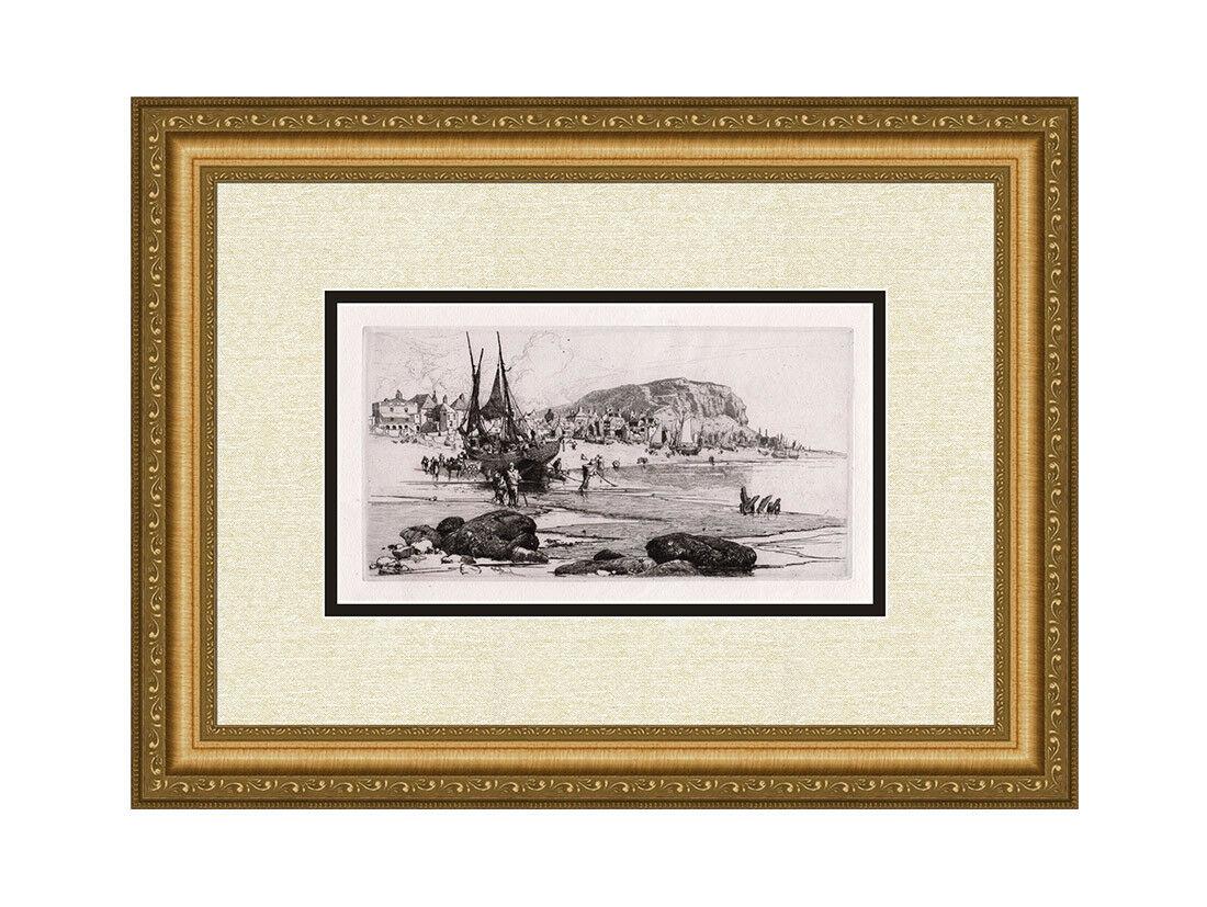 Stephen Parrish Hastings 1885 etching: Stephen Parrish. (American, 1846 -1938). Hastings. Antique Hand Pulled copper plate etching on thick laid paper. 1885. Excellent. Image size 5 1/2 x 10 1/2 inches. Approximately 14 x 20 inches. This p