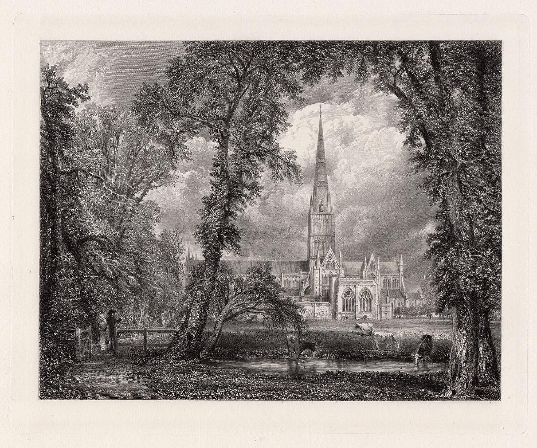 John Constable Salisbury Cathedral 1885 engraving: John Constable. (English, 1776- 1837). Salisbury Cathedral (Salisbury Cathedral from the Bishop's Grounds). Antique engraving on thick wove paper after the original oil on canvas by master engraver Ro