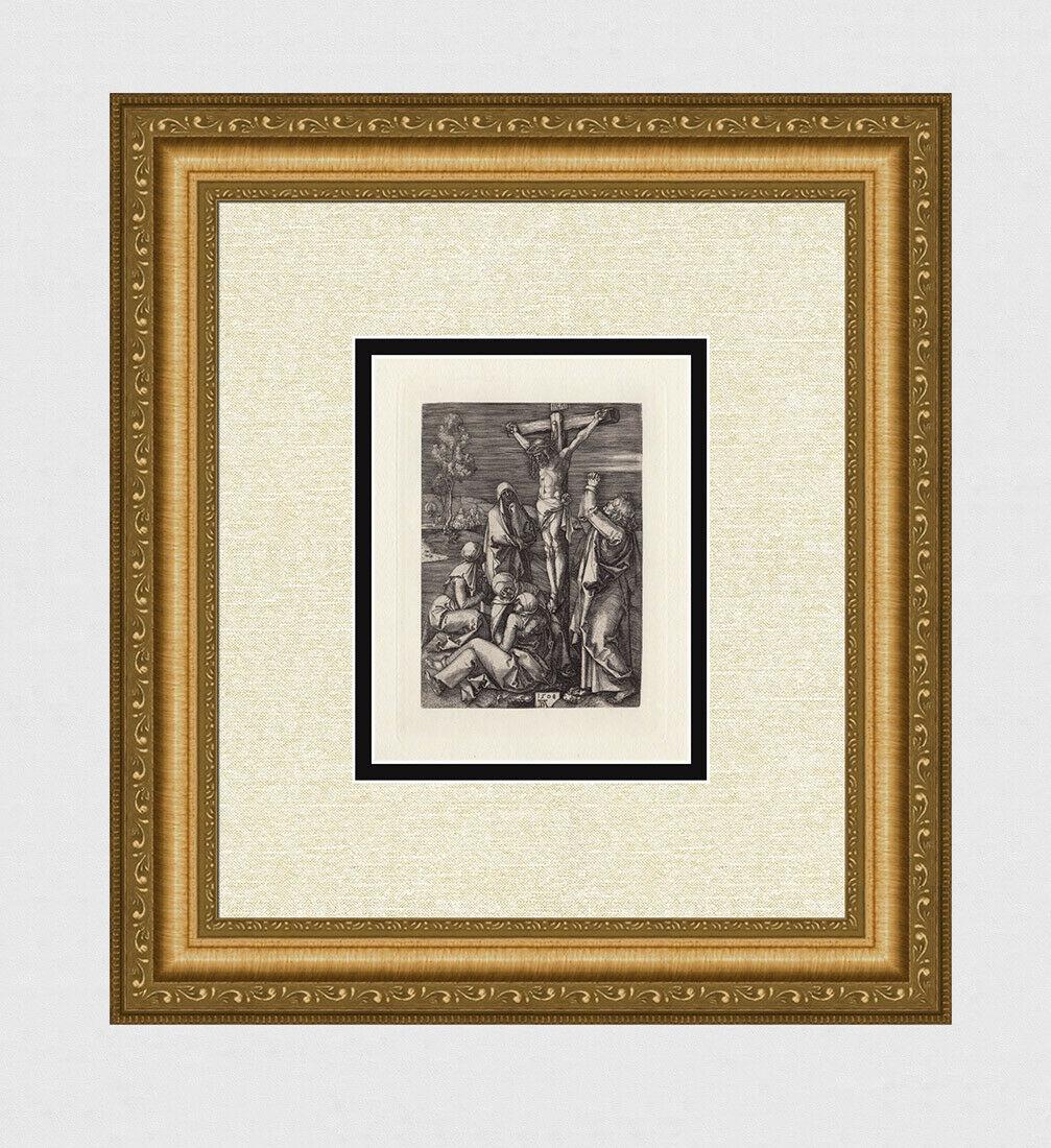 1800's Albrecht Durer Crucifixion engraving signed: Albrecht Durer. (1471 - 1528). "Crucifixion". Antique Copper plate engraving on laid paper executed by a Master Engraver after the 1508 Original. C. 1880. Signed in the plate. Excellent Condition. Ima