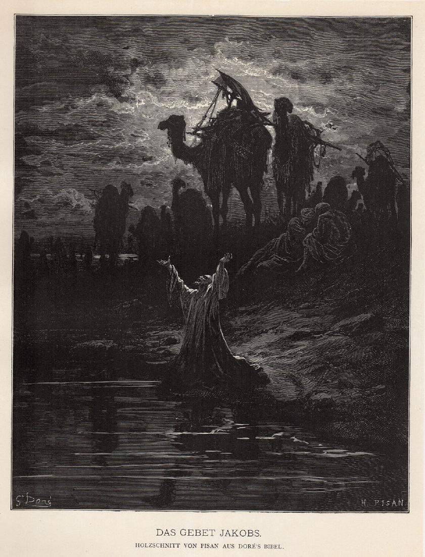 Gustave Dore 1887 woodcut signed: Gustave Dore (Paul Gustave Louis Christophe Dore (French, 1832-1883). Das Gebet Jakobs (Jacob's Prayer) (from Dore's Bible). Antique woodcut on wove paper after the original by master wood engraver He