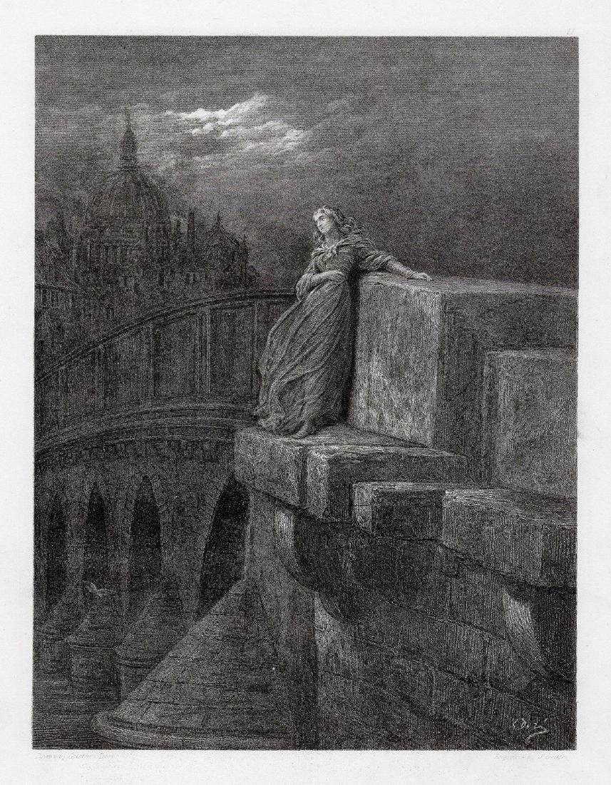 Dore 1882 engraving One More Unfortunate signed: Gustave Dore (Paul Gustave Louis Christophe Dore )(French, 1832-1883). The Bridge of Sighs ("One More Unfortunate"). Antique engraving on wove paper after the original drawing by master engraver John