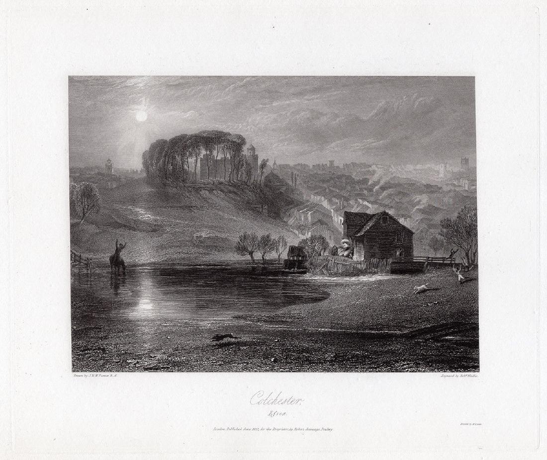 JMW Turner Colchester, Essex 1832 engraving: Joseph Mallord William Turner. (English, 1775-1851). Colchester, Essex. Antique steel engraving on wove paper after the original watercolor by master engraver Robert William Wallis (English, 1794 â��
