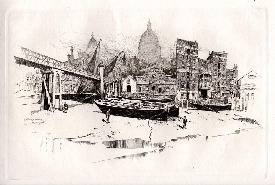 Joseph Pennell 1885 etching St Paul's signed: Joseph Pennell. (American, 1857 â€“ 1926). St Paul's from Paul's Wharf. Antique hand pulled copper plate etching on laid paper. 1885. Signed in the plate, lower left. Excellent. Image Size 6 1/2
