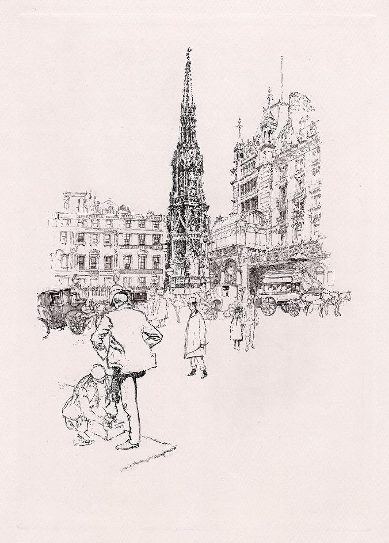 Joseph Pennell Charing Cross 1890 etching: Joseph Pennell. (American 1857-1926). Charing Cross. Original etching on wove paper. 1890. Excellent. Image size 7 5/8 x 11 1/8 inches. Approximately 17 x 20 inches. This piece has been professionally