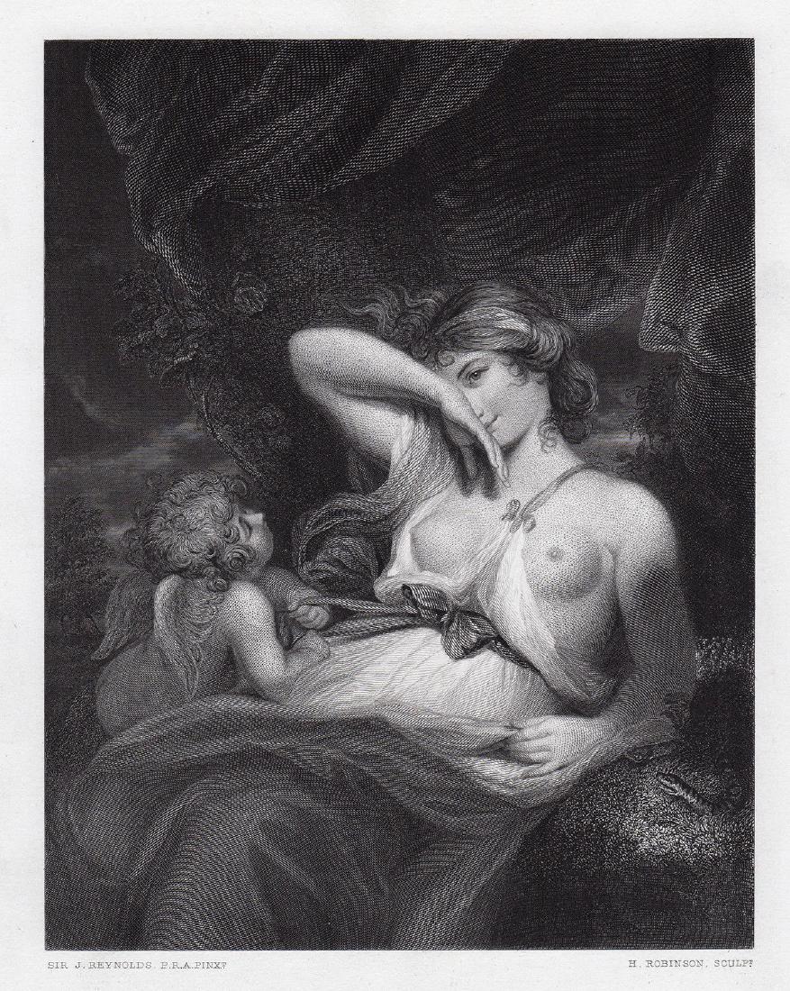 Joshua Reynolds Nymph and Cupid 1872 engraving: Sir Joshua Reynolds. (English, 1723-1792). The Snake in the Grass (A Nymph and Cupid). Antique engraving on wove after the original oil paint on canvas by master engraver Henry Robinson (1827-1872). 1
