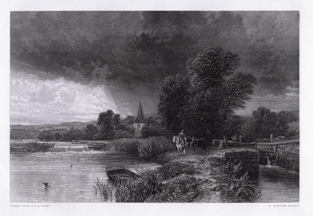 George Vicat Cole Showery Weather engraving signed: George Vicat Cole. (English, 1833 â€“ 1893). Showery Weather (The Lock). Antique steel engraving on wove paper after the original oil on canvas by master engraver Charles Cousen (British, 1819 - 