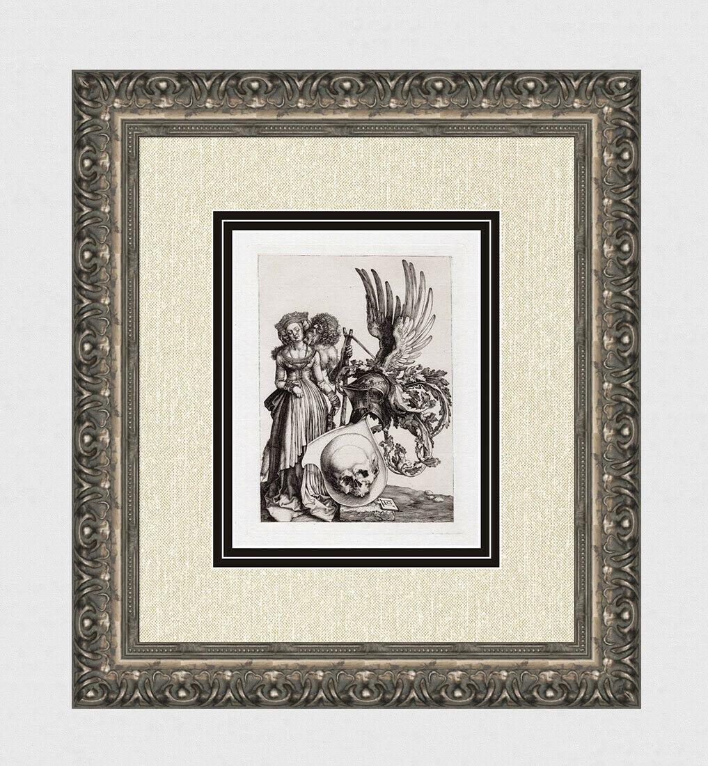 1879 Durer Coat of Arms Skull Engraving signed: Albrecht Durer. (1471 - 1528). "Coat of Arms with a Skull". Antique Copper plate engraving on laid paper executed by Amand Durand (1831-1905). 1879. Signed/Dated in the plate, lower center, right. Exc