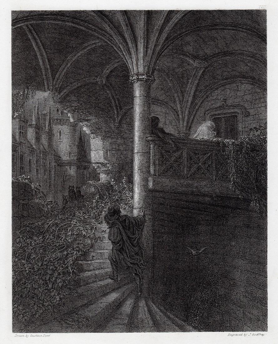 1882 Gustave Dore Haunted House Engraving: Gustave Dore (Paul Gustave Louis Christophe Dore )(French, 1832-1883). The Haunted House. Antique engraving on wove paper after the original drawing by master engraver John Godfrey (British, 1817 - 18