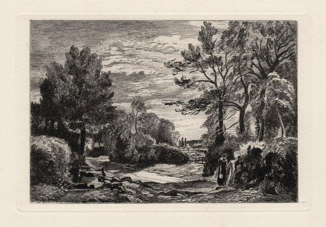 John Constable Landscape 1875 etching: John Constable. (English, 1776- 1837). Untitled Landscape. Antique etching on thick laid paper after the original by master etcher Richard Samuel Chattock (English, 1825 â€“ 1906). 1875. Excellen