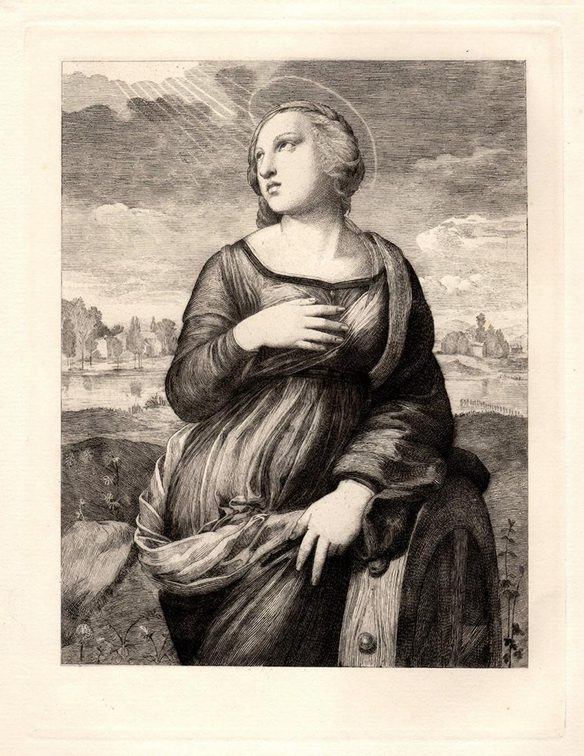 Raphael St. Catherine of Alexandria 1876 etching: Raphael. St. Catherine of Alexandria. Antique Hand Pulled copper plate etching on laid paper after the original oil on poplar by master etcher Paul-Edme LeRat (1849-92). 1876. Excellent. Image size 5 
