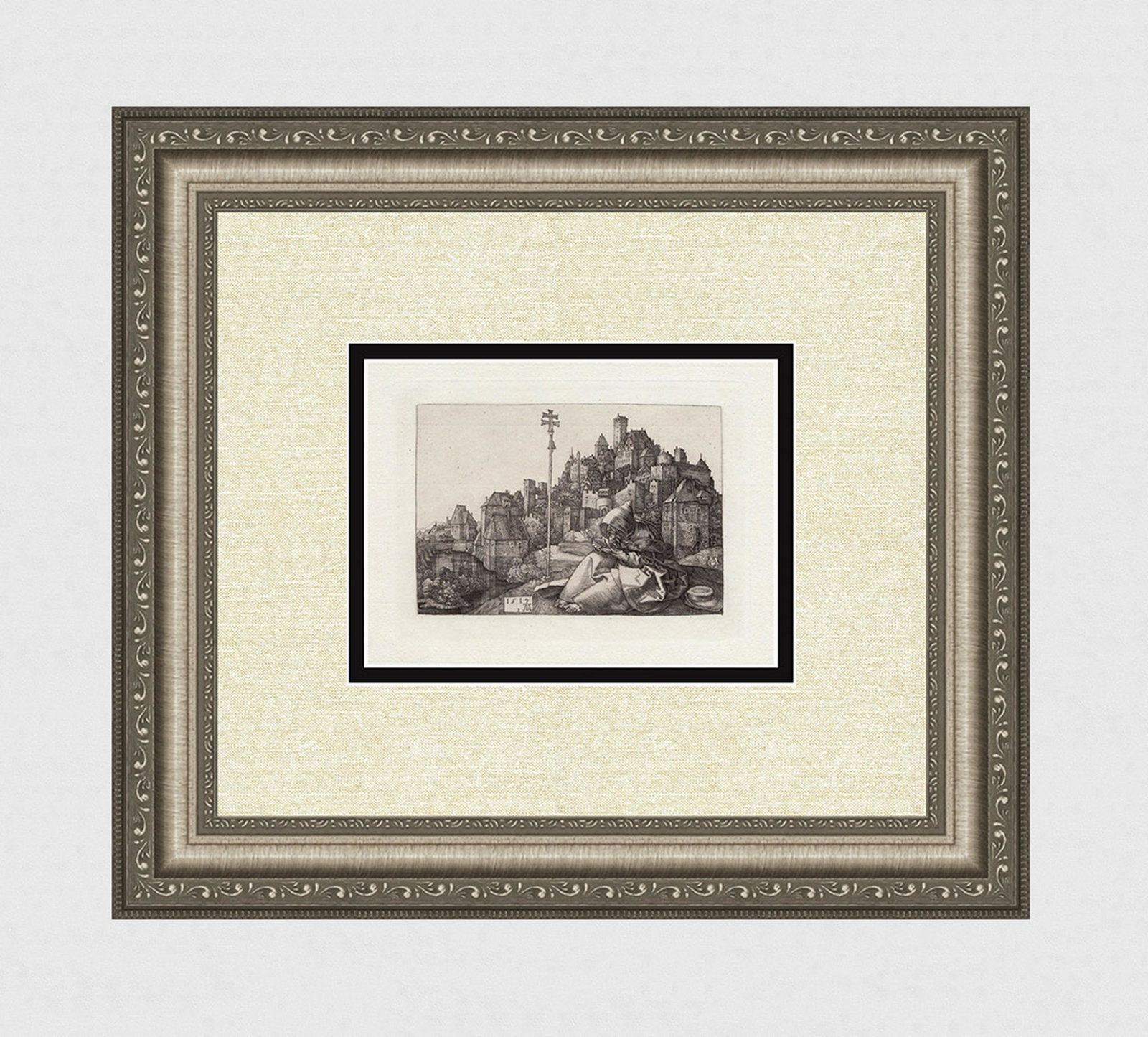Albrecht Durer Antique Engraving Saint Anthony: Albrecht Durer. (1471 - 1528). "Saint Anthony." Etching on Laid Paper by a Master Etcher after the 1519 Original. Sight Size - 5 x 7 1/2 inches. Framed Approximately 13 1/2 x 16 inches. Double Matted 