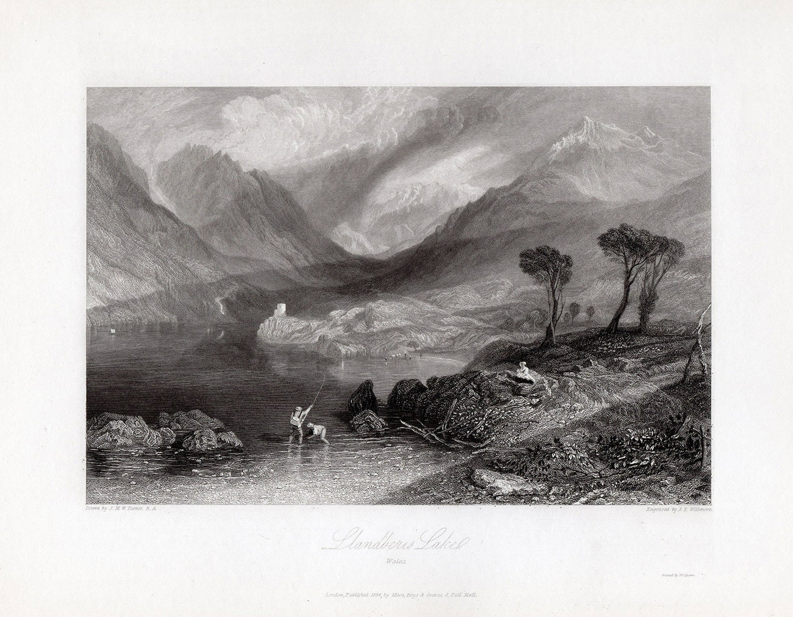 JMW Turner 1832 engraving Llandberis Wales signed: Joseph Mallord William Turner. (English, 1775-1851). Llandberis Lake, Wales. Antique steel engraving on wove paper after the original watercolor by master engraver James Tibbits Willmore (English, 180