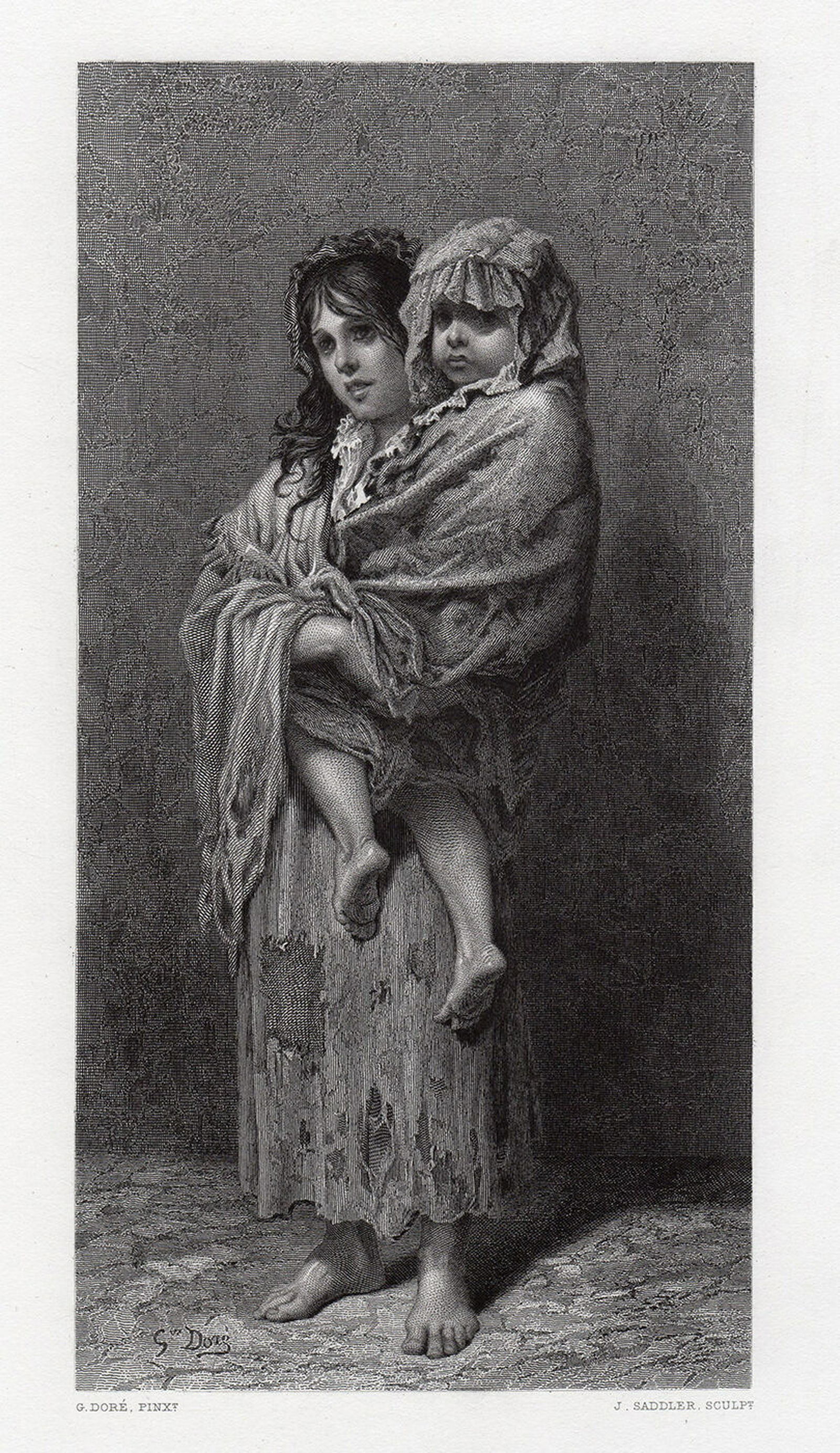 Gustave Dore Homeless engraving signed: Gustave. Dore (Paul Gustave Louis Christophe Dore )(French, 1832-1883). Homeless. Antique Steel Engraving on wove paper after the original by master engraver John Saddler (1813â€“1892). 1875. Sig