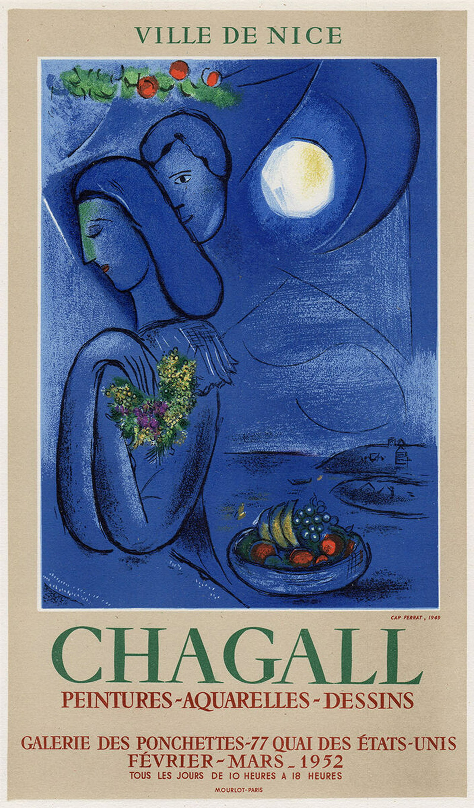 Marc Chagall Peintures 1959 lithograph: Marc Chagall. (1887-1985). Peintures-Aquarelles-Dessins. Color Lithograph after the Original Poster. 1959. Excellent. Sauret. Atelier Mourlot. Image Size 6 1/8 x 10 5/8 inches. Approximately 15 x 19 i