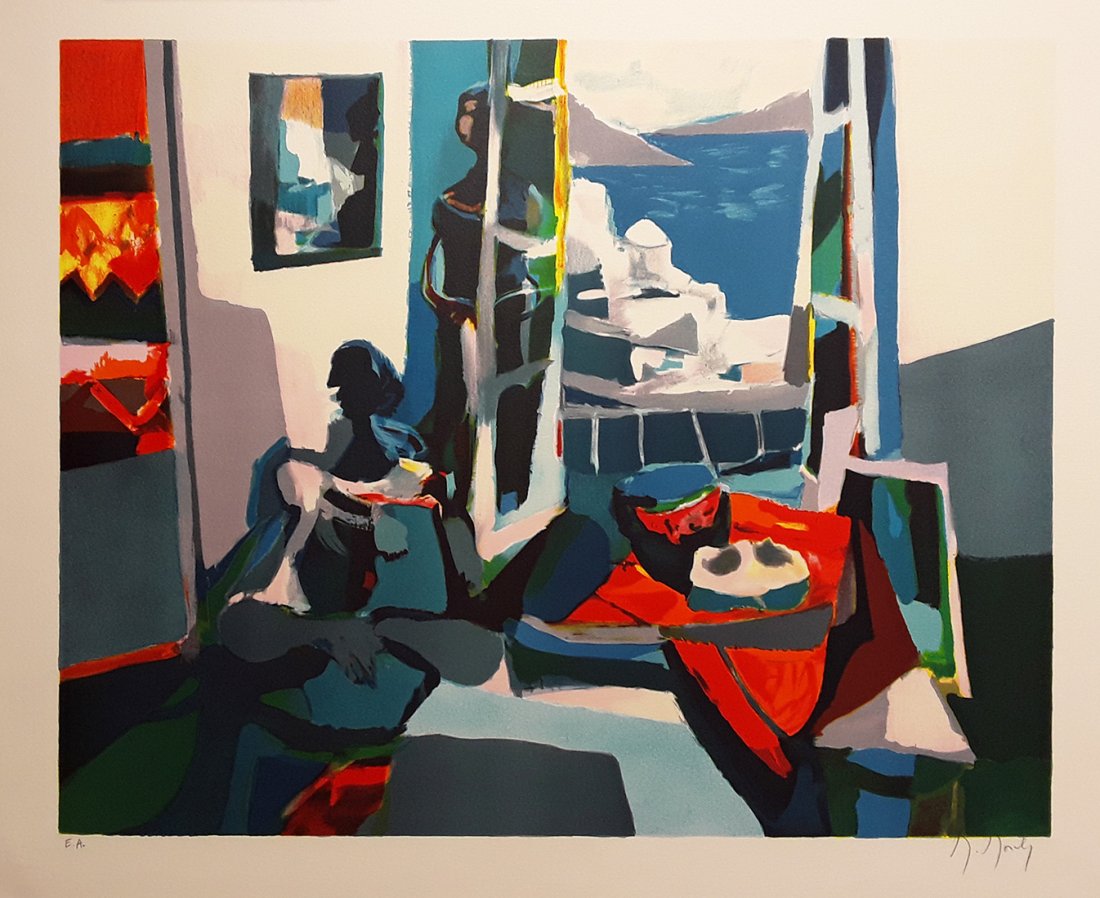 Marcel Mouly Hand signed Lithograph Still Life: Marcel Mouly (1918 - 2008). Fenetre Ouverts Sur Santorin (Still life with open window). Color lithograph on wove paper. Signed in pencil, lower right. Artist Proof, lower left. Image size 18 3/8 x 22