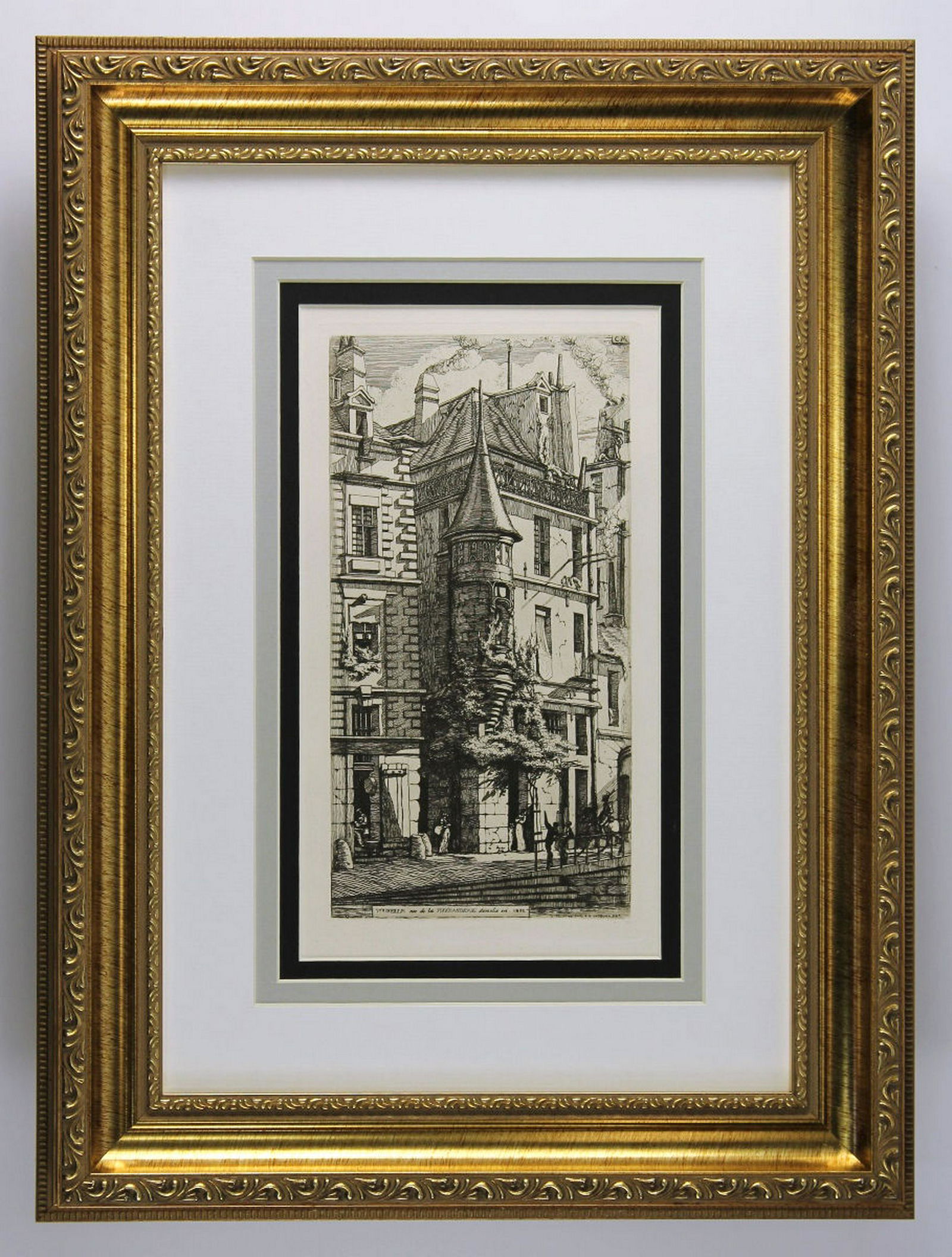 Charles Meryon House w Turret Paris 1880 etching: Charles Meryon. (1821-1868). Tourelle de la rue de la Tixeranderie, Paris (House with a Turret, on the Weaver's Street; Paris). Hand Pulled Copper Plate Etching after the original on blue tinted laid