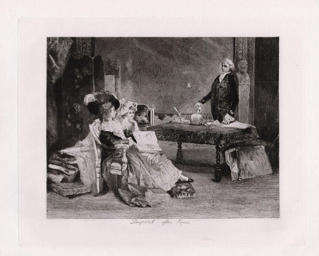 Luigi Rossi Learned Ladie 1880 etching: Luigi Rossi. (Swiss, 1853â€“1923). Les Femmes Savantes (The Learned Ladies, a scene from Moliere's play). Antique etching on thick laid paper after the original by master etcher Felix Francois Lo