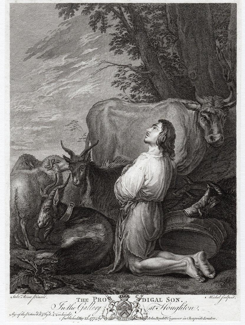 Salvator Rosa The Prodigal Son 1774 engraving: Salvator Rosa. (1615 - 1673). The Prodigal Son. Antique engraving on laid paper after the original painting in the Houghton Hall Collection by master engraver Jean Baptiste Michel (French, 1748 - 1804