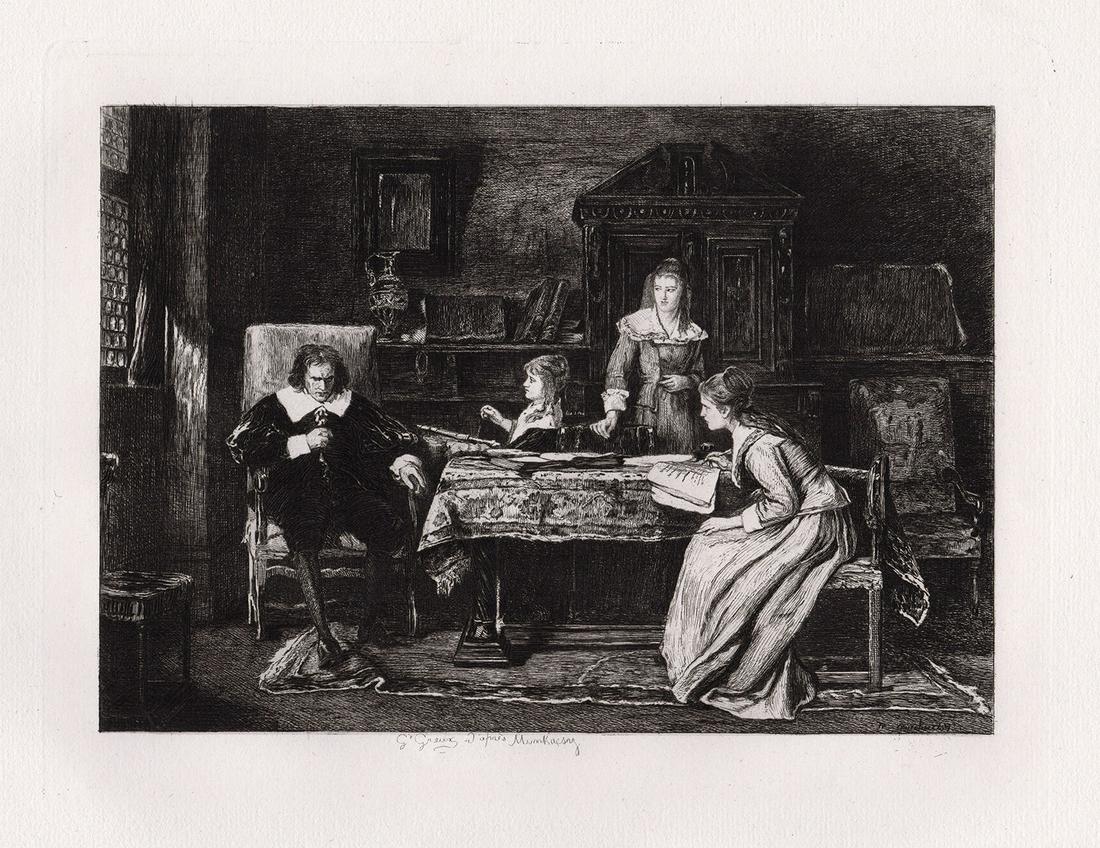 Mihaly Munkacsy 1880 etching Milton Signed: Mihaly Munkacsy. (Hungarian, 1844-1900). Milton dictating "Paradise Lost" to his Daughters. Hand pulled copper plate etching on laid paper after the original by master etcher Gustave Greux (1838-1919)