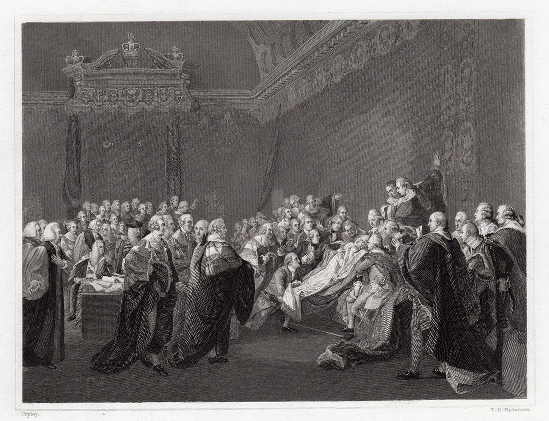 John Singleton Copley 1834 engraving signed: John Singleton Copley. (Anglo-American, 1738 â€“ 1815). The Death of the Earl of Chatham. Antique steel engraving on wove paper after the original oil on canvas by Master Engraver William Henry W