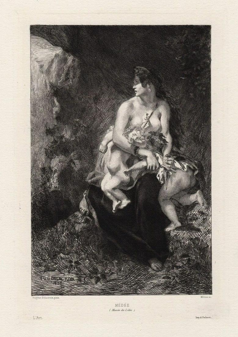 Delacroix 1877 engraving Furious Medea signed: Ferdinand Victor Eugene Delacroix (French, 1798 â€“ 1863). Medee, Medea or Furious Medea. Antique engraving on laid paper after the original oil on canvas by master engraver Augustin Milius, engr