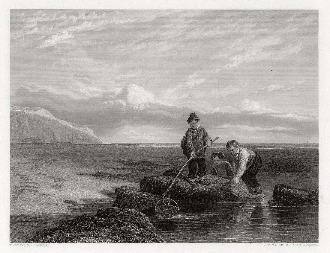 William Collins 1849 engraving Prawn Fishing signed: William Collins. (English, 1788-1847). Prawn Fishing I. Antique engraving on wove paper after the original oil paint on mahogany by master engraver James Tibbits Willmore (English, 1800 â€“ 1863)