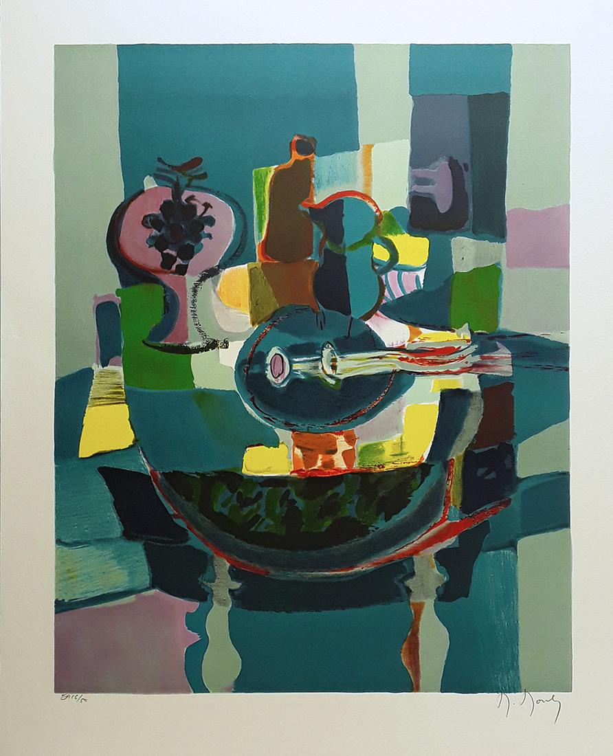 Marcel Mouly Hand signed Lithograph Still Life: Marcel Mouly (1918 - 2008). Still Life with Mandolin. Color lithograph on wove paper. Signed in pencil, lower right. Artist Proof, lower left. Image size 17 7/8 x 22 3/8 inches. This artwork is accomp
