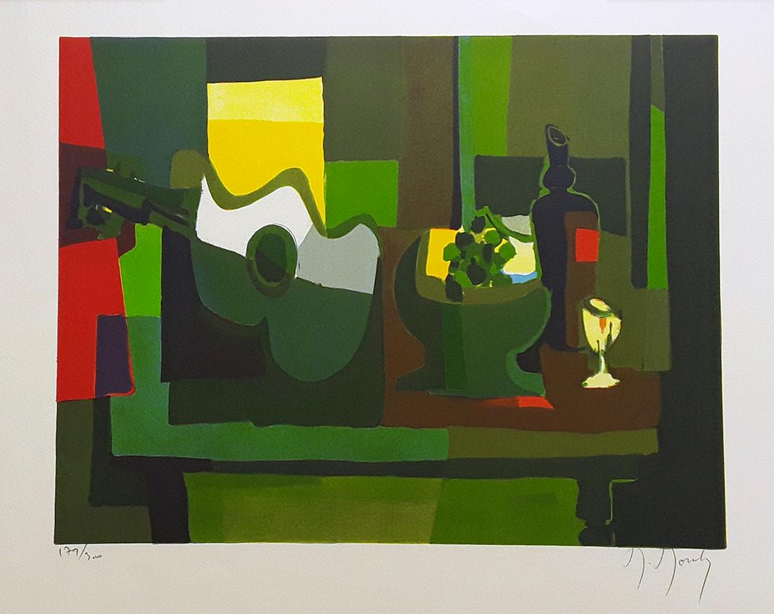Marcel Mouly Hand signed Lithograph Still Life: Marcel Mouly (1918 - 2008). Still Life with Guitar. Color lithograph on wove paper. Signed in pencil, lower right. Numbered 179/300. Image size 11 3/4 x 15 1/4 inches. This artwork is accompanied by a