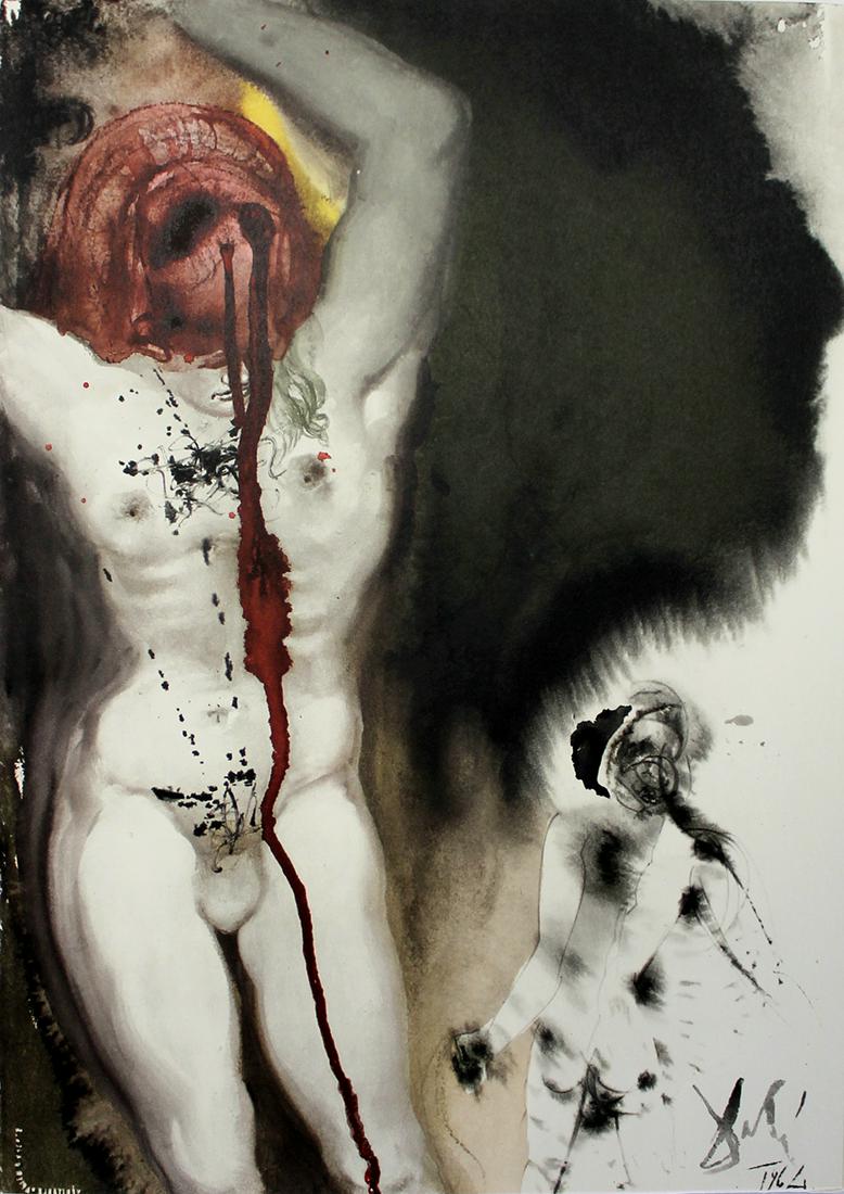 Salvador Dali Framed Original 1967 David and Goliath: Salvador Dali. "Et dixit Philistaeus ad David: Numquid canis sum, quod venis ad me cum baculo (And the Philistine said unto David, Am I a dog, that thou comest to me with sticks?)" Mixed technique lit