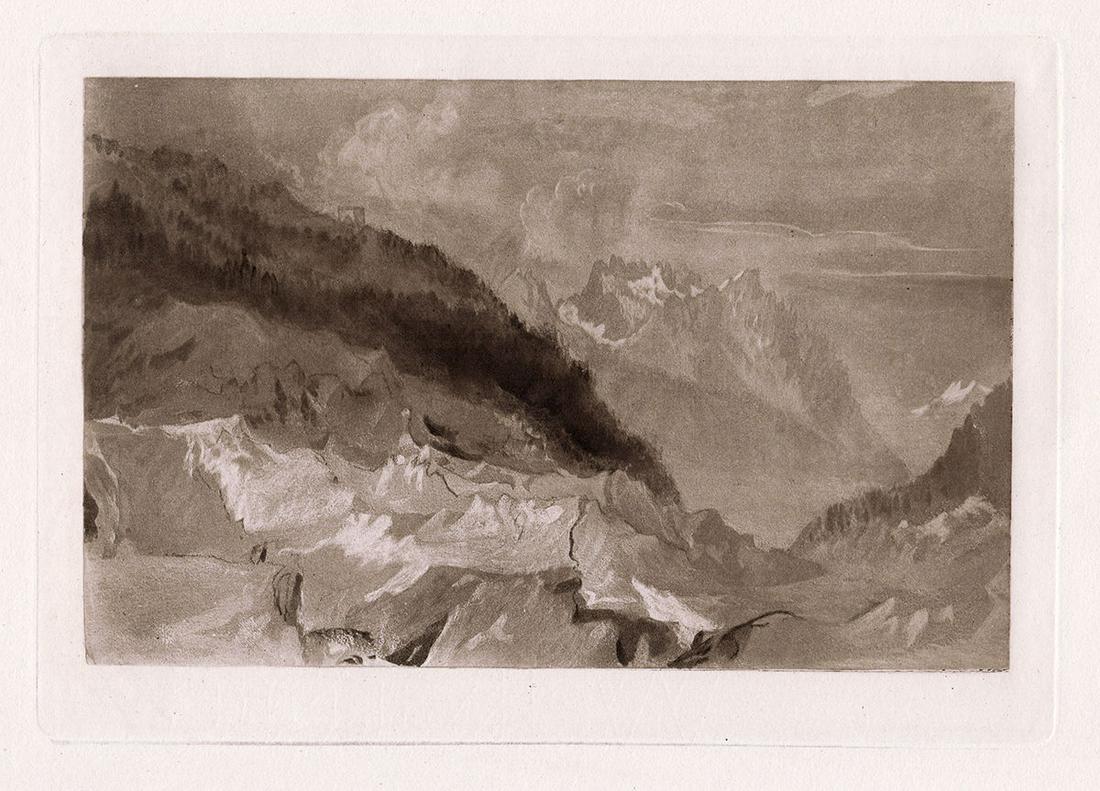 J.M.W. Turner The Mer De Glace 1885 engraving: Joseph Mallord William Turner. (English, 1775-1851). The Mer De Glace. Antique engraving on wove paper after the original sketch in watercolor by master engraver Alfred Dawson (British, 1843-1931). 18