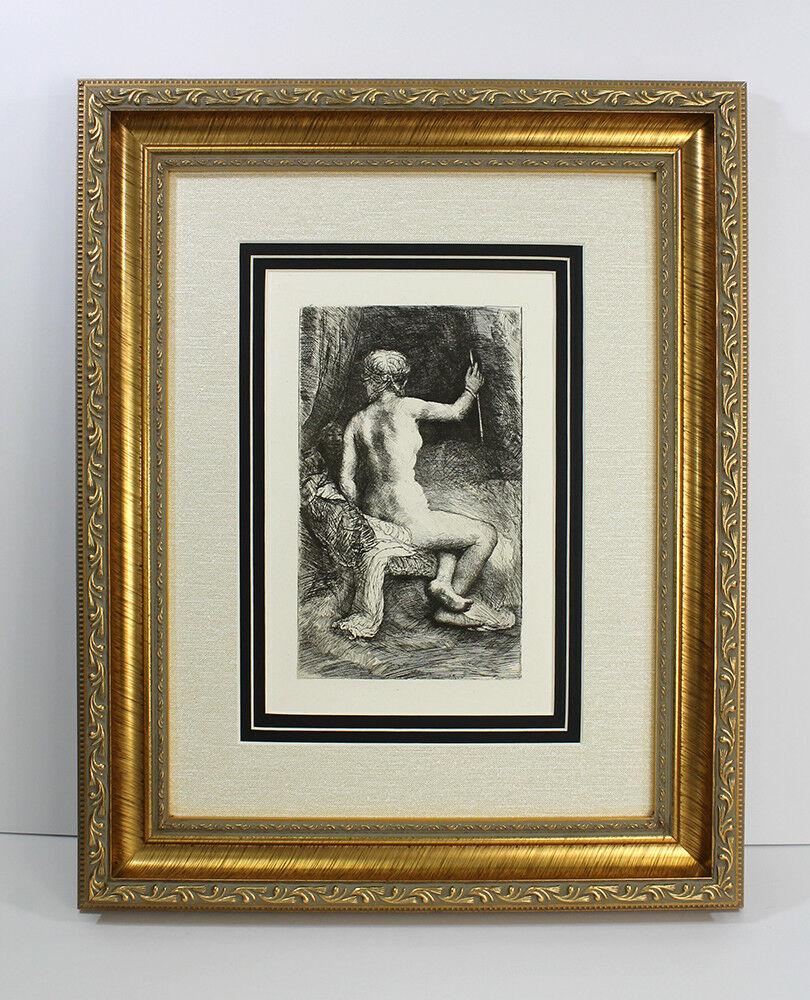 Rembrandt Woman with an Arrow Antique etching: After Rembrandt Harmenszoon Van Rijn. (1606-1669). Woman with an Arrow (Venus). Hand pulled copper plate etching on laid paper after the original by a master etcher. Signed in the plate lower left. c.