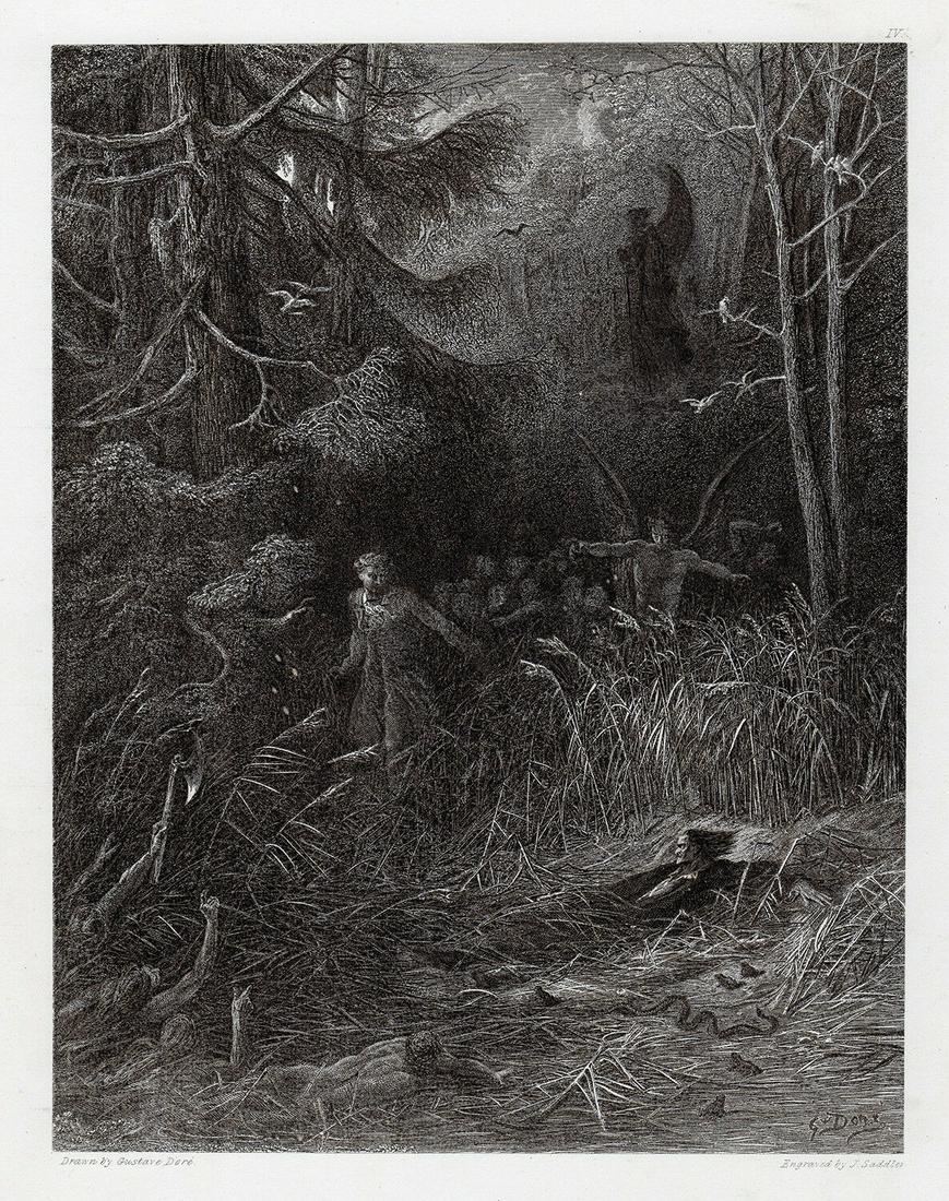 Gustave 1882 engraving The Dream of Eugene Aram signed: Gustave Dore (Paul Gustave Louis Christophe Dore )(French, 1832-1883). The Dream of Eugene Aram. Antique engraving on wove paper after the original drawing by master engraver John Saddler (British, 18