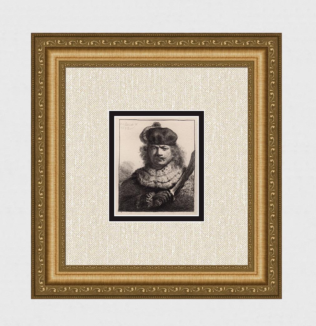 1800s REMBRANDT B18 Etching Self Portrait With Raised: After Rembrandt Harmenszoon Van Rijn (1606-1669). Title: Self Portrait With Raised Sabre. Medium: Antique hand pulled copper plate etching on laid paper after the original by master etcher Amand Duran