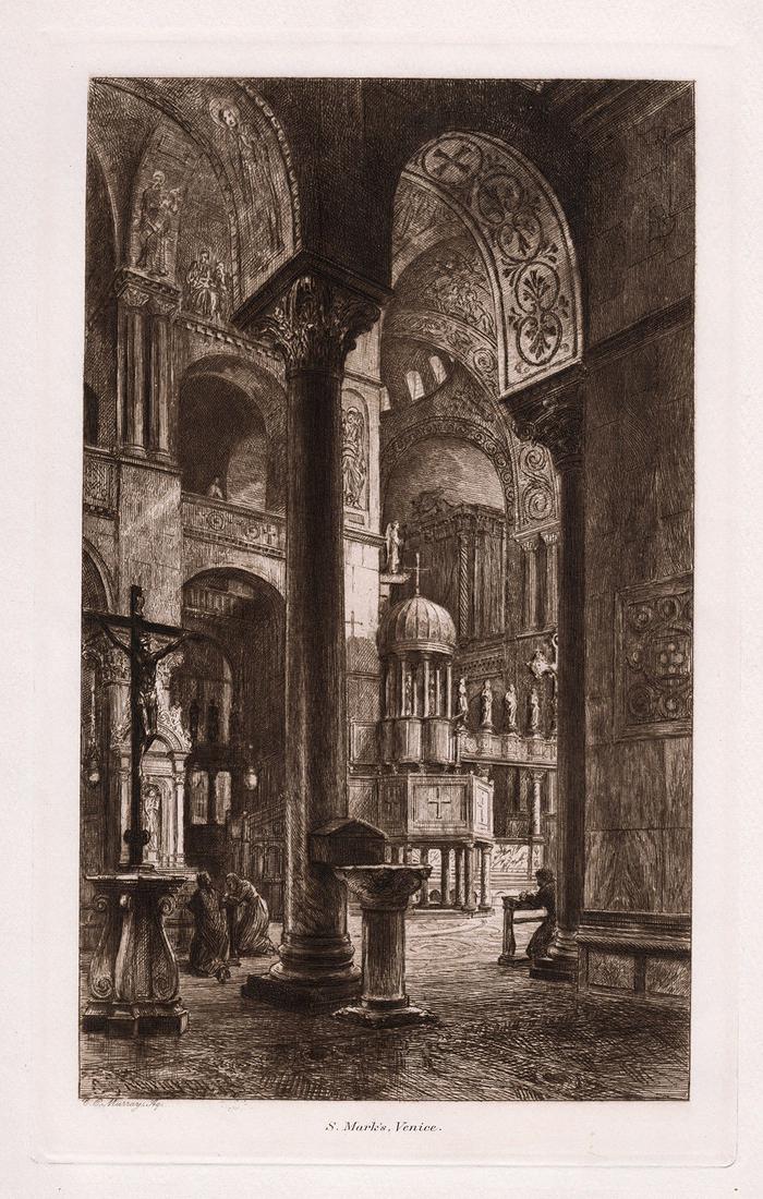 Charles Oliver Murray St. Mark's Venice etching signed: Charles Oliver Murray. (Scottish, 1842â€“1923). Interior of St. Mark's, Venice. Antique etching on wove paper. 1892. Signed in the plate, lower left. Excellent. Image Size 6 7/8 x 11 1/8 inches. 