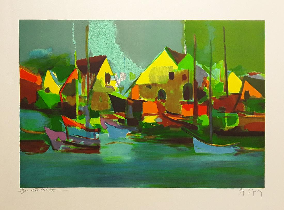 Marcel Mouly Hand signed Lithograph Fisherman's Village: Marcel Mouly (1918 - 2008). Village de Pecheurs (Fisherman's Village). Color lithograph on wove paper. Signed in pencil, lower right. Artist Proof, lower left. Image size 15 3/8 x 22 7/8 inches. This
