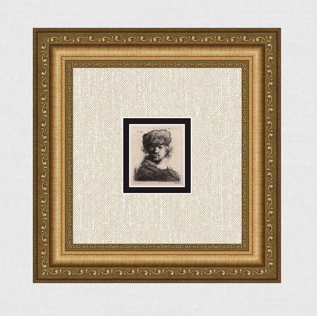 1800s REMBRANDT B16 Etching Self Portrait in a Heavy: After Rembrandt Harmenszoon Van Rijn (1606-1669). Title: Self Portrait in a Heavy Fur Cap: Bust. Medium: Antique hand pulled copper plate etching on laid paper after the original by master etcher Aman