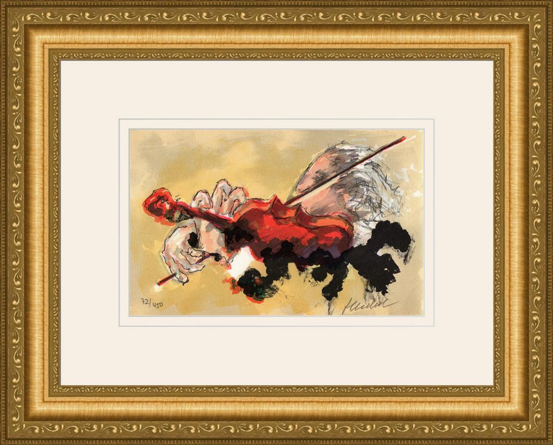 Urbain Huchet Le Violiniste lithograph signed: Urbain Huchet (French, 1930 - 2014). Le Violiniste. Original Color Lithograph on Arches Rag Paper. Hand Signed by the Artist Lower Right, Numbered in Pencil Lower Left. Excellent. Sheet Size 7 1/2 x 1