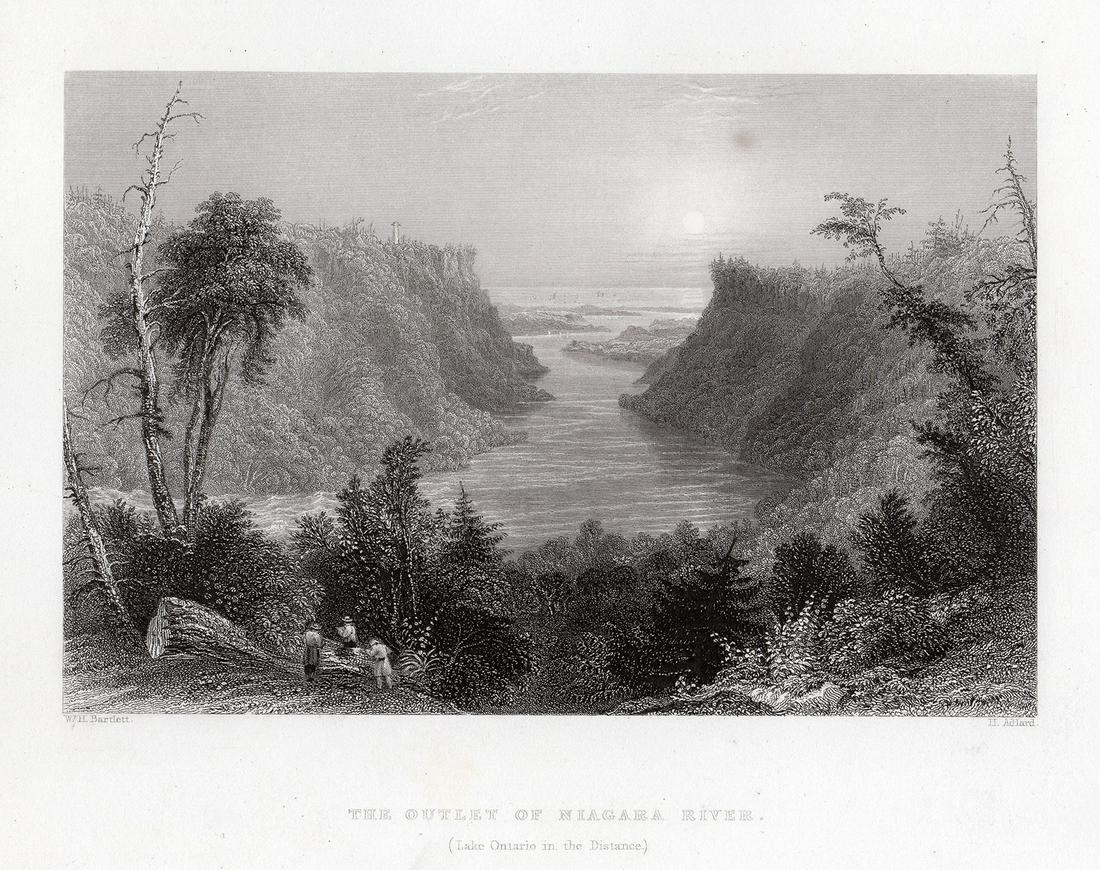 William Henry Bartlett Outlet of Niagara River 1838: William Henry Bartlett. (British, 1809-1854). The Outlet of Niagara River (Lake Ontario in the Distance). Antique engraving on wove paper after the original by master engraver Henry Adlard (English, 1